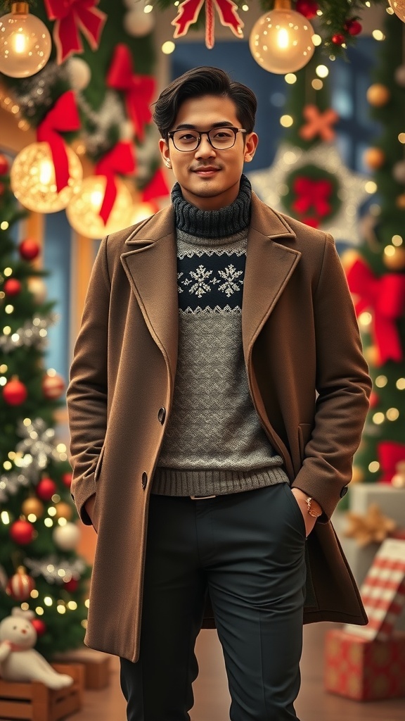 A fashionable man in a Korean-style Christmas outfit with a tailored coat and knitwear, surrounded by holiday decorations.